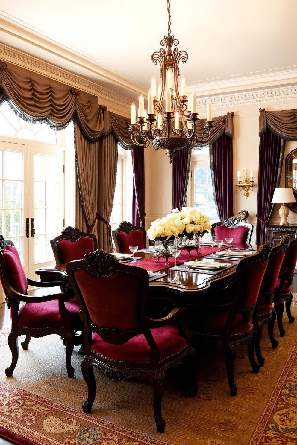 A luxurious dining room featuring a grand wooden table with intricate carvings, surrounded by plush upholstered chairs in rich jewel tones. The room is adorned with layered textiles, including a velvet table runner and silk placemats, creating an inviting atmosphere. Elegant drapery frames large windows, allowing natural light to filter in softly, while a stunning chandelier hangs overhead, casting a warm glow. The walls are painted in a soft cream, complemented by a textured area rug that adds warmth underfoot.