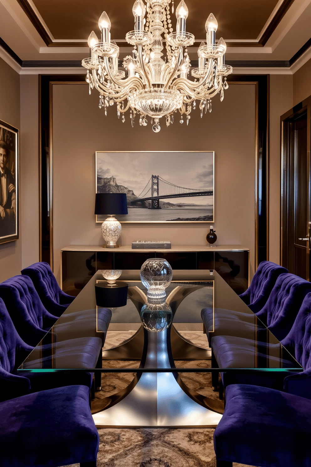 A sleek glass table with a metallic finish serves as the centerpiece of the dining room, surrounded by plush upholstered chairs in a rich jewel tone. The walls are adorned with elegant artwork, and a statement chandelier hangs above, casting a warm glow over the space.