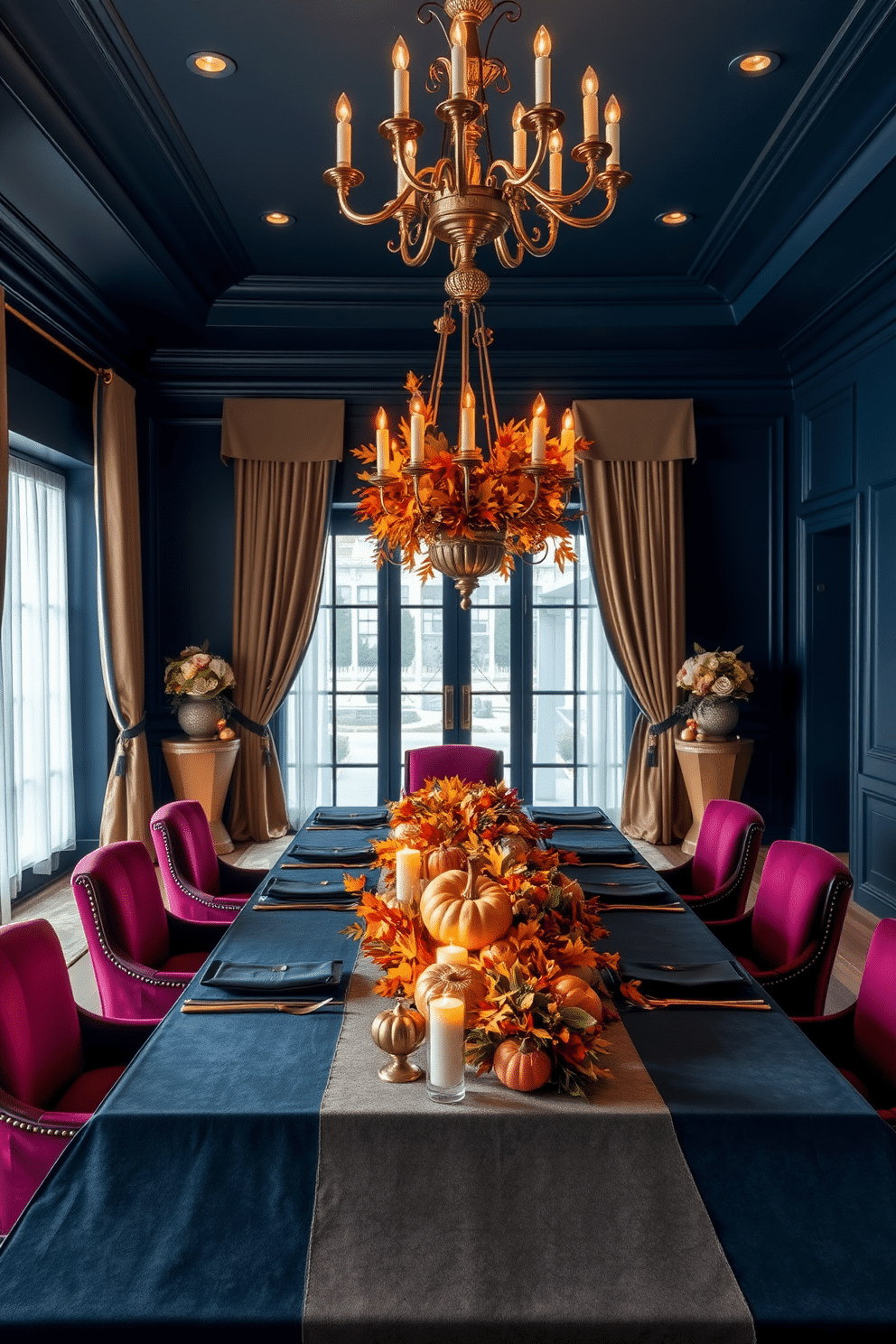 A stunning dining room featuring a long, elegant table adorned with a unique seasonal centerpiece crafted from autumn leaves and pumpkins. The table is surrounded by plush velvet chairs in rich jewel tones, with soft candlelight creating a warm and inviting atmosphere. The walls are painted in a deep navy blue, contrasting beautifully with the golden accents of the chandelier hanging above. Large windows draped with sheer curtains allow natural light to flood the space, enhancing the luxurious feel of this sophisticated dining area.