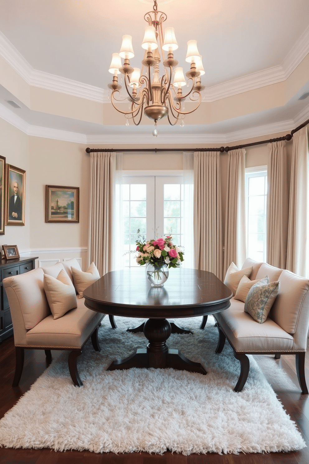 A classic wooden table with a rich walnut finish sits at the center of an elegant dining room, surrounded by plush upholstered benches in a soft, neutral fabric. The walls are adorned with tasteful artwork, and a stunning chandelier hangs overhead, casting a warm glow over the space. Large windows draped with sheer curtains allow natural light to flood the room, enhancing the inviting atmosphere. A tasteful centerpiece of seasonal flowers adds a pop of color to the table, while a plush area rug anchors the seating arrangement, creating a cozy yet sophisticated dining experience.