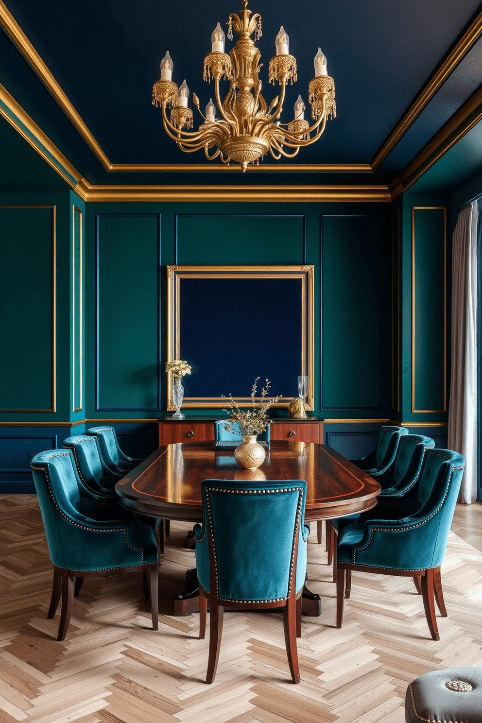 A luxury dining room featuring a bold color palette of deep emerald green and rich navy blue. The room is accented with gold trim along the edges of the ceiling and on the elegant dining chairs, which are upholstered in a luxurious velvet fabric. A grand wooden dining table takes center stage, surrounded by plush chairs that invite comfort and sophistication. A stunning chandelier with intricate gold detailing hangs above the table, casting a warm glow over the space.