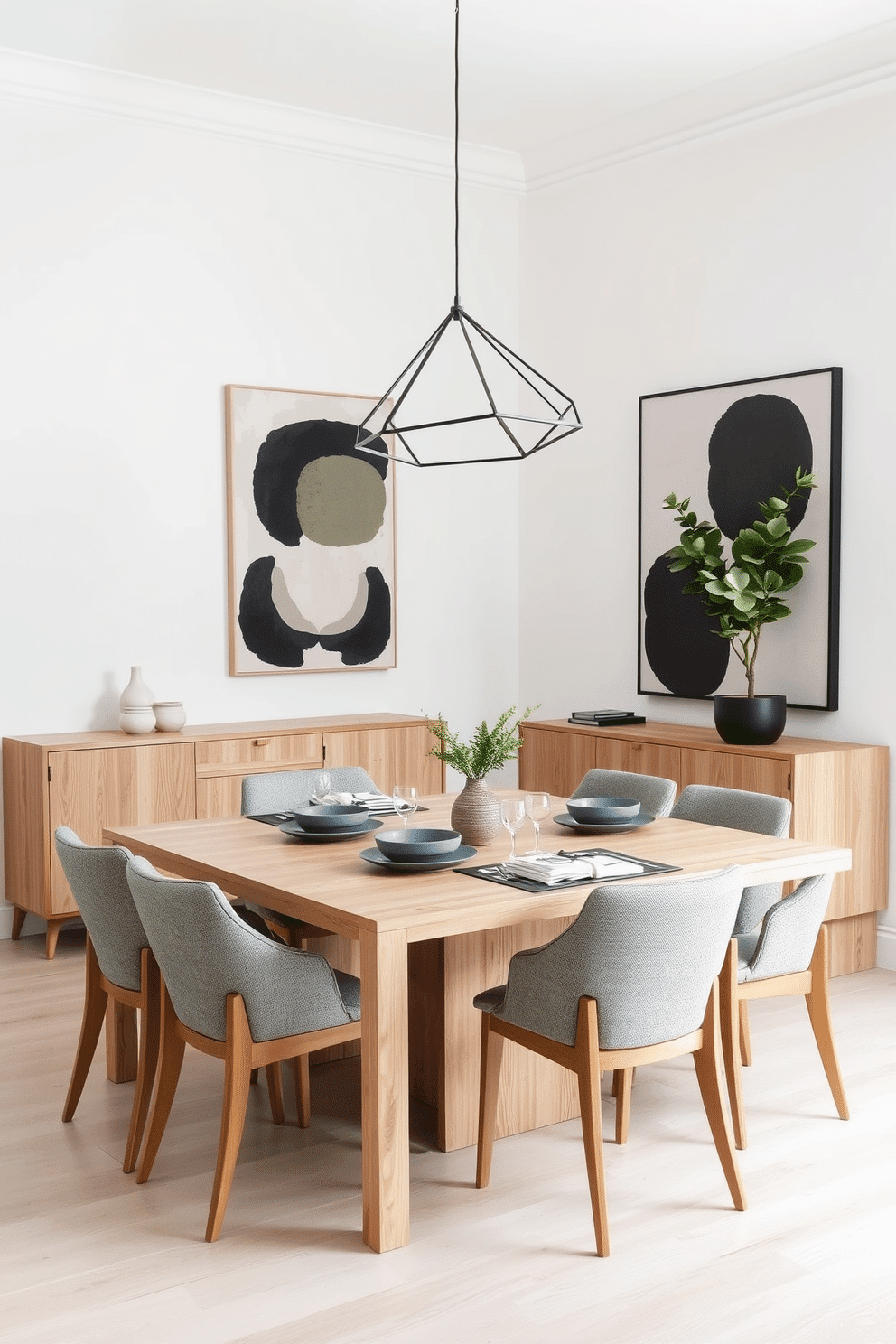 A minimalist dining room features a sleek, rectangular table crafted from light wood, surrounded by upholstered chairs in a soft gray fabric. The walls are painted in a crisp white, enhancing the spacious feel, while a large geometric pendant light hangs above the table, adding a modern touch. The room is accented with a single large abstract artwork on one wall, showcasing bold shapes in muted tones. A simple sideboard in a matching wood finish holds elegant tableware, and a lush green plant in a minimalist pot brings a touch of nature into the space.