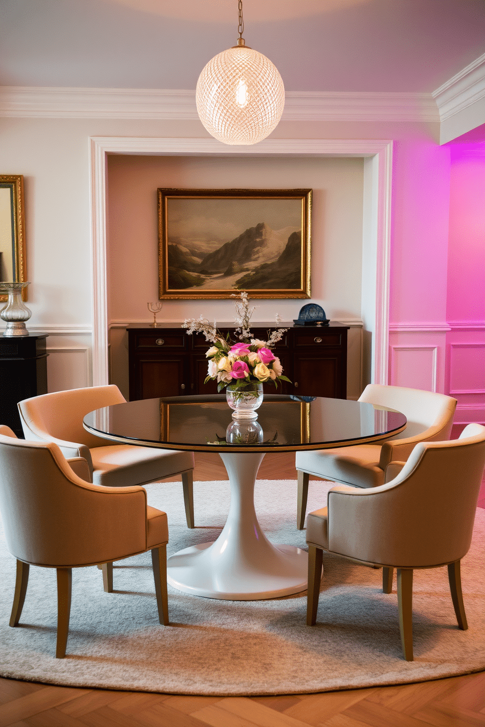 A chic round table is elegantly set at the center of a spacious dining room, surrounded by plush upholstered chairs that invite comfort and style. The table is adorned with a tasteful centerpiece of fresh flowers, while the soft, ambient lighting creates a warm and inviting atmosphere for gatherings.