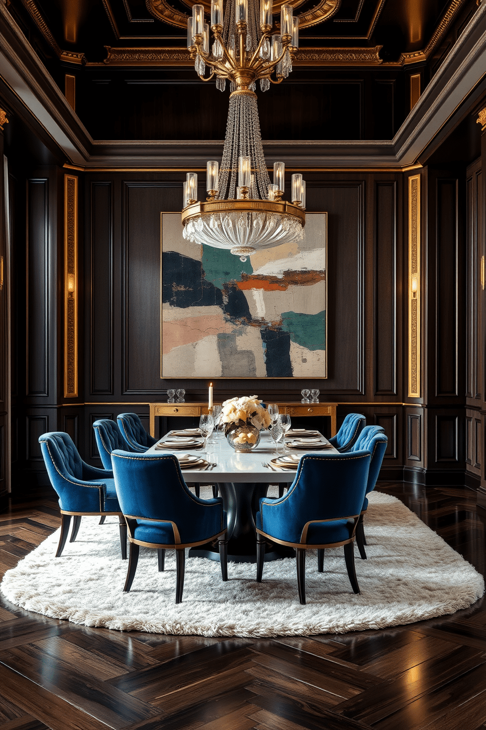 A luxurious dining room featuring art deco elements with rich textures and bold geometric patterns. The room is adorned with a grand chandelier, and the dining table is set with elegant tableware and plush upholstered chairs in deep jewel tones. The walls are lined with dark wood paneling, complemented by gold accents and intricate moldings. A large abstract artwork hangs prominently, enhancing the opulent atmosphere while a plush area rug anchors the space beneath the table.