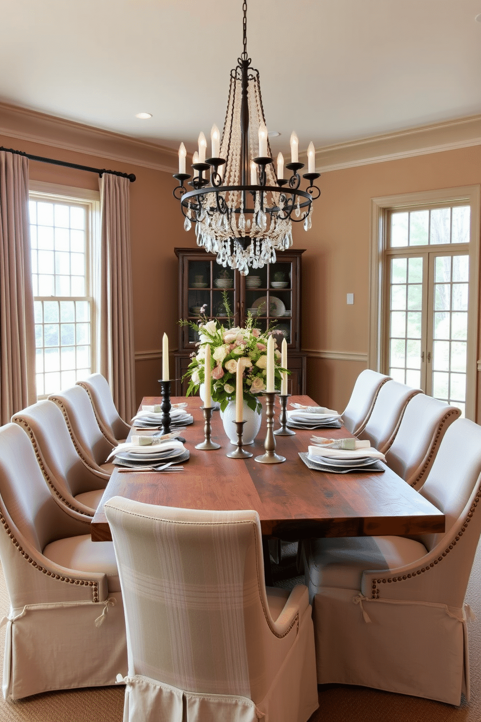 A rustic farmhouse table made of reclaimed wood sits at the center of a spacious dining room, surrounded by upholstered chairs in soft neutral tones. Elegant decor elements, such as a cascading floral centerpiece and vintage candle holders, enhance the inviting atmosphere, while large windows allow natural light to flood the space. The room features warm, earthy tones on the walls, complemented by a statement chandelier hanging above the table. Textured linens and fine china set the stage for an exquisite dining experience, blending rustic charm with sophisticated style.