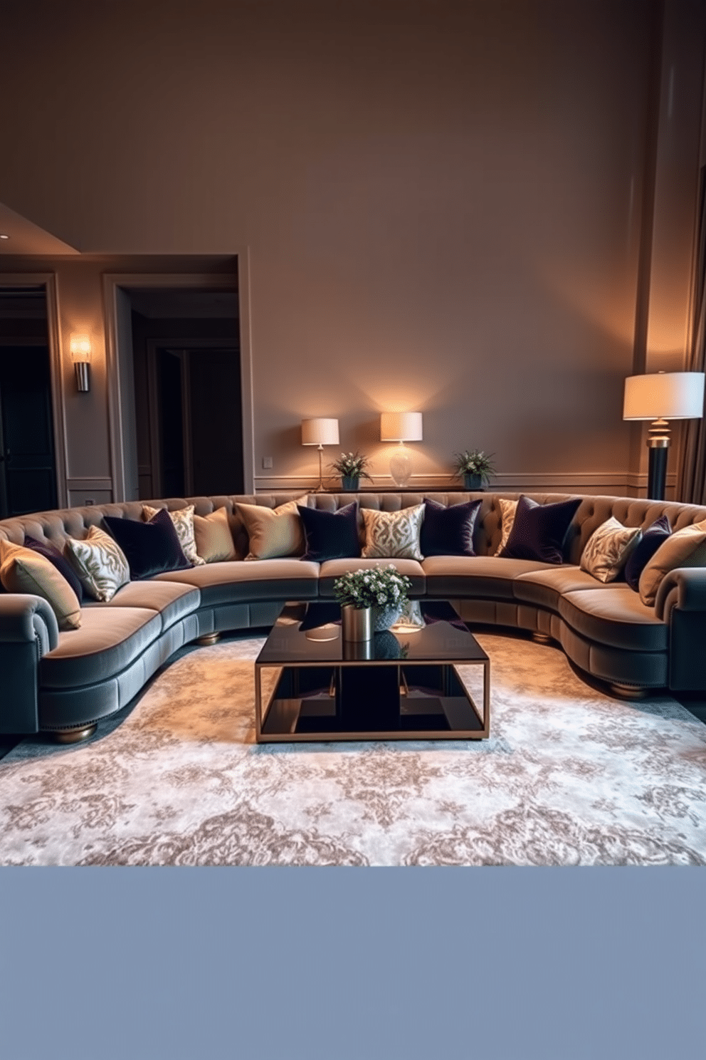 A luxurious family room featuring an elegant velvet sectional adorned with gold accents. The sectional is complemented by plush throw pillows in rich jewel tones and a sleek glass coffee table at the center. Soft ambient lighting emanates from stylish floor lamps, creating a warm and inviting atmosphere. The walls are painted in a soft taupe, and a large area rug anchors the seating arrangement, adding texture and comfort.