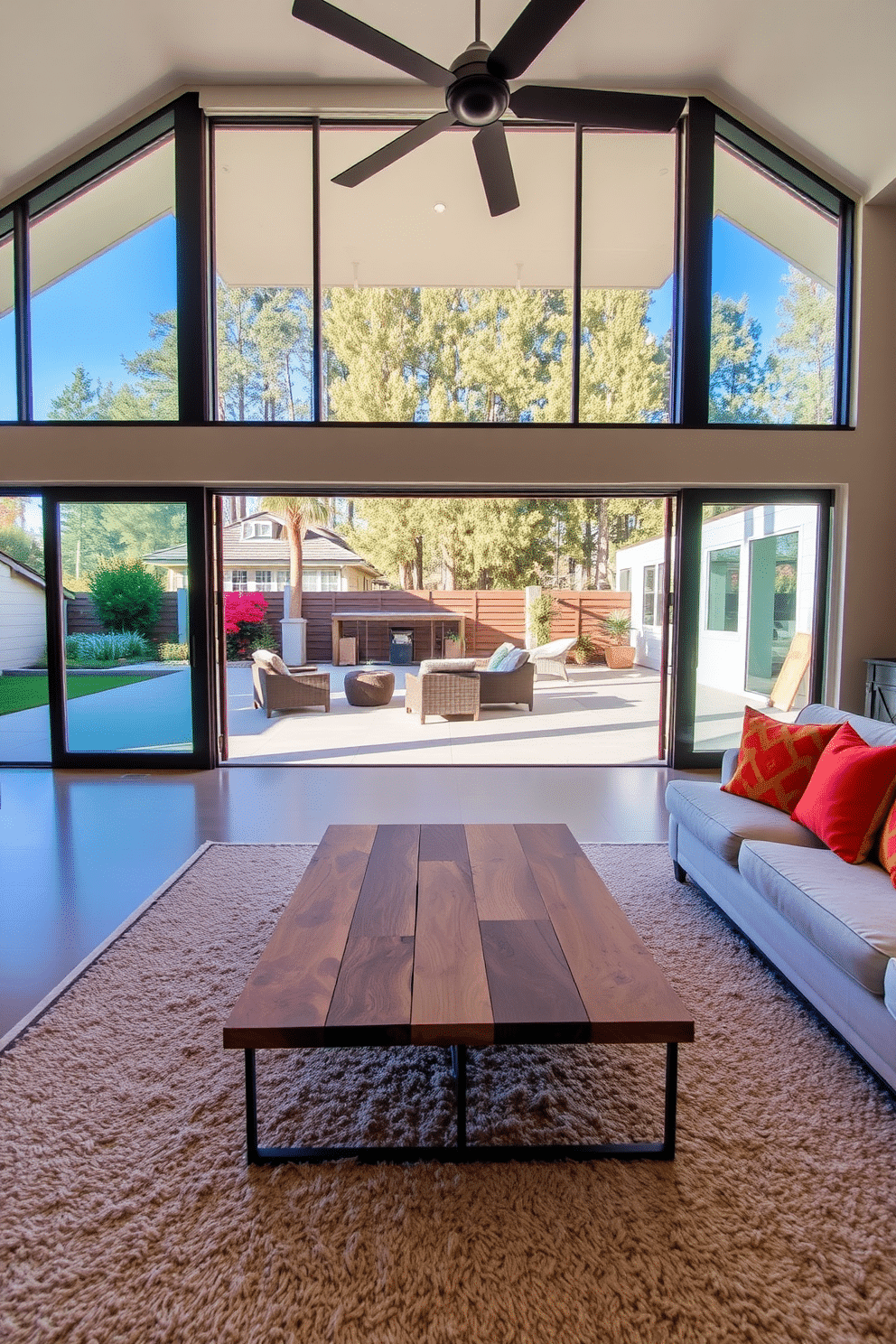 Open layout with seamless indoor-outdoor flow. The family room features expansive glass doors that open directly onto a spacious patio, creating a harmonious connection with nature. Inside, a plush sectional sofa in a neutral tone is paired with vibrant accent pillows, inviting relaxation. A modern coffee table made of reclaimed wood sits atop a soft area rug, adding warmth and texture to the space.