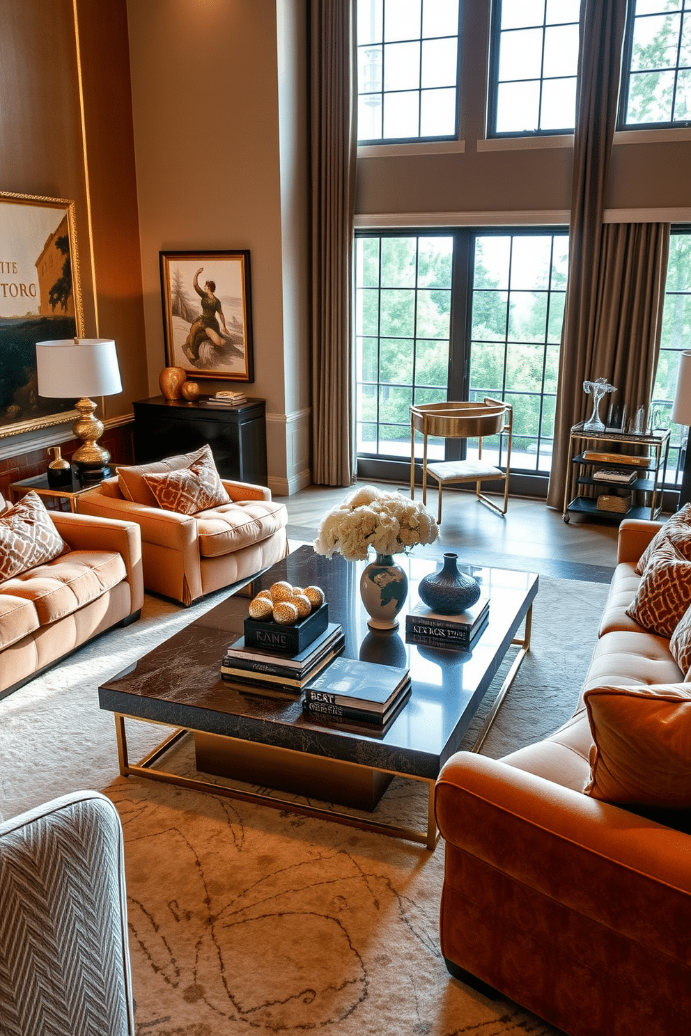 A statement coffee table serves as the focal point in a luxury family room, surrounded by plush, oversized sofas in rich fabrics. The room features a warm color palette with gold accents, and large windows allow natural light to flood in, highlighting elegant art pieces on the walls. Incorporate a mix of textures, such as a soft area rug beneath the coffee table and decorative throw pillows in varying patterns. A stylish bar cart in the corner adds a touch of sophistication, while a curated selection of books and decorative objects adorns the table, inviting conversation.