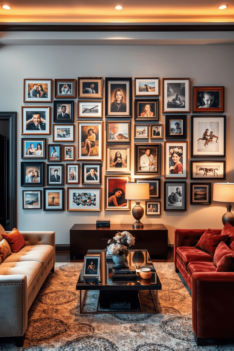 A stunning gallery wall adorned with a mix of framed family photos and colorful artwork. The arrangement features various frame styles and sizes, creating a dynamic visual display that tells a story. A luxurious family room designed for comfort and elegance. Plush sofas in rich fabrics are paired with a sleek coffee table, while soft lighting from stylish lamps enhances the inviting atmosphere.