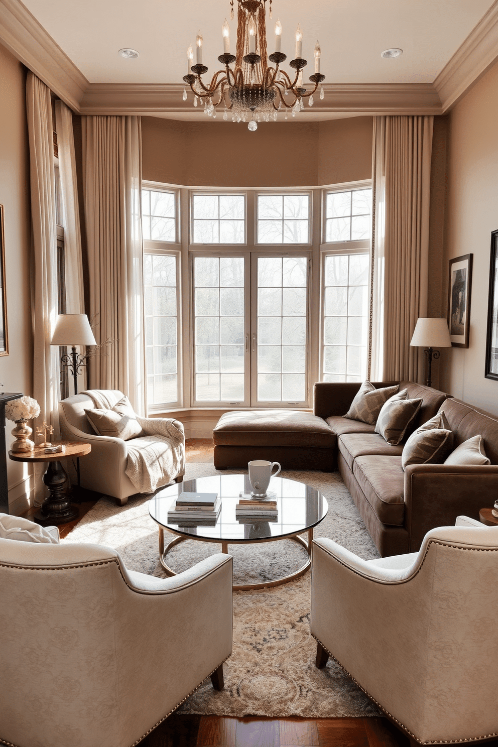 Cozy reading nook with plush armchair. The nook features a large bay window framed by soft, sheer curtains that allow natural light to flood in. A round, wooden side table holds a steaming cup of tea and a stack of books, while a soft throw blanket drapes over the armchair. The walls are painted in a warm beige tone, and a plush area rug adds texture to the hardwood floor. Luxury family room design ideas. The space boasts a grand sectional sofa upholstered in rich velvet, complemented by oversized decorative pillows. A sleek coffee table made of glass and gold accents sits in the center, surrounded by elegant accent chairs. The walls are adorned with framed artwork, and a statement chandelier hangs from the ceiling, casting a warm glow over the room.