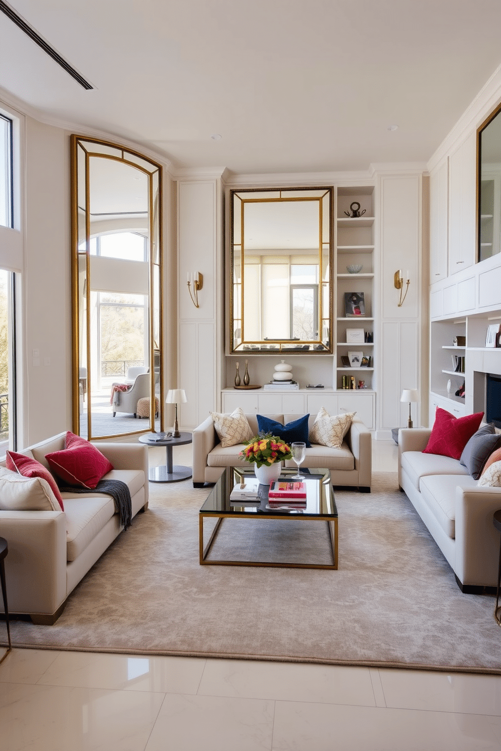 A luxury family room featuring statement mirrors that amplify natural light. The room is adorned with plush sofas in neutral tones, complemented by vibrant accent pillows and a large area rug that ties the space together. Large floor-to-ceiling windows allow sunlight to flood the area, while strategically placed mirrors reflect the light, creating an airy atmosphere. Elegant built-in shelves display curated decor and family photos, adding a personal touch to the sophisticated design.