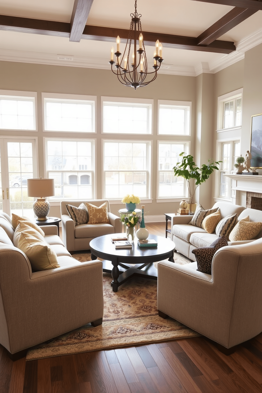 A spacious family room designed for comfort and warmth, featuring oversized chairs upholstered in soft, durable fabric. The chairs are arranged around a central coffee table, creating an inviting space for family gatherings and conversations. Natural light floods the room through large windows, highlighting a cozy area rug that anchors the seating arrangement. Decorative throw pillows in complementary colors add a touch of style, while a statement chandelier provides ambient lighting for evening gatherings.