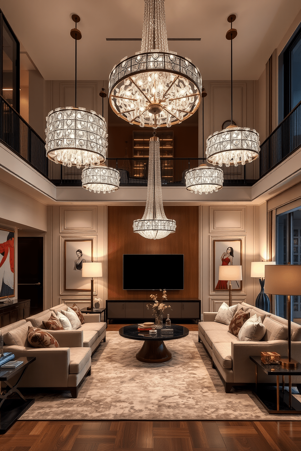 A luxury family room featuring unique light fixtures that serve as artistic elements. The space is designed with plush seating, a grand chandelier, and stylish floor lamps that enhance the ambiance. The walls are adorned with elegant artwork, while a large area rug anchors the seating arrangement. Warm, inviting colors create a cozy atmosphere, complemented by soft textures and high-end finishes throughout the room.