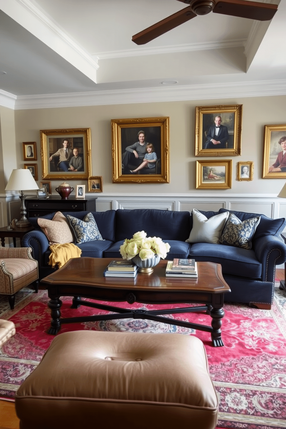 A luxurious family room that showcases personalized touches with family heirlooms. The space features a plush sectional sofa in a rich navy fabric, complemented by an antique coffee table passed down through generations. On the walls, family portraits in elegant frames create a warm and inviting atmosphere. A vintage rug adds texture underfoot, while decorative pillows in coordinating colors invite relaxation and comfort.