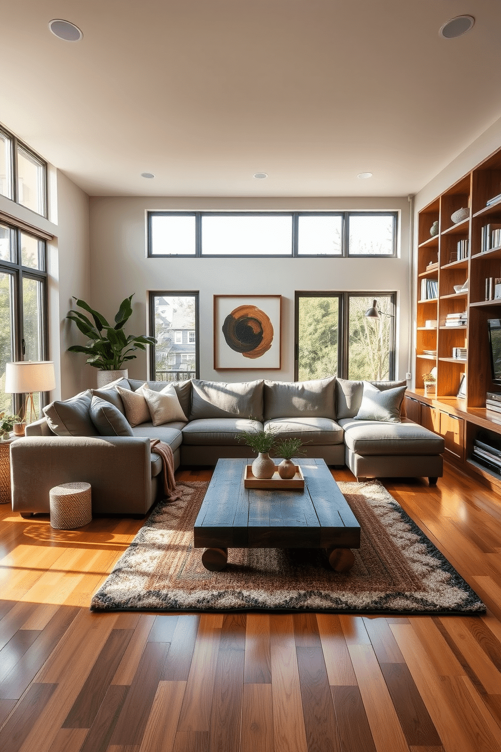 A luxury family room featuring sustainable materials, with a plush sectional sofa made from organic cotton and a reclaimed wood coffee table at the center. Large windows allow natural light to flood the space, showcasing bamboo flooring and a cozy area rug crafted from recycled fibers. The walls are adorned with artwork made from upcycled materials, and a built-in bookshelf displays eco-friendly decor items. Soft lighting from energy-efficient fixtures creates a warm and inviting atmosphere, perfect for family gatherings.