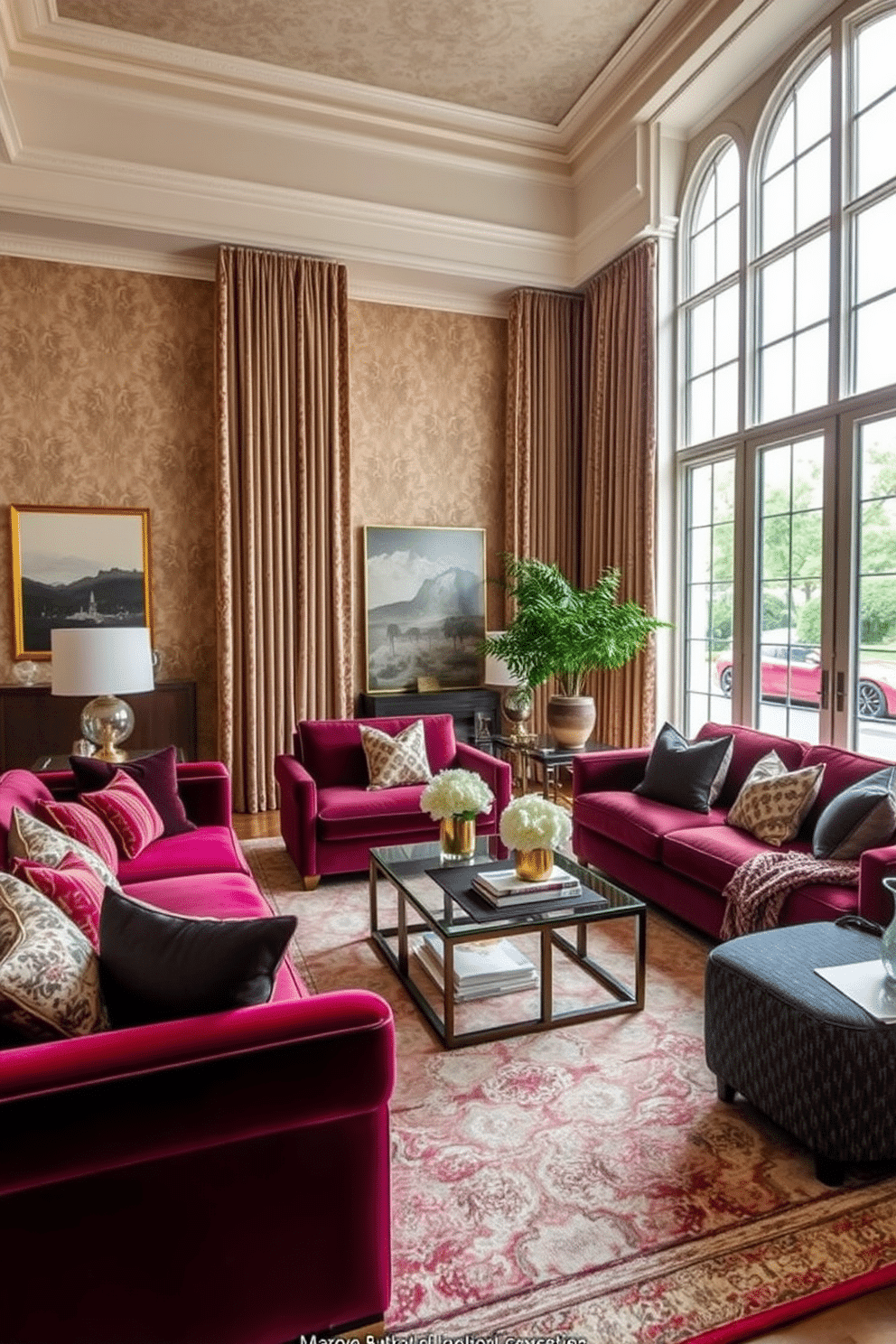 A luxurious family room featuring layered textiles for depth and interest. Plush velvet sofas in rich jewel tones are complemented by an array of patterned throw pillows and a soft, textured area rug that invites relaxation. The walls are adorned with elegant wallpaper, while floor-to-ceiling drapes frame large windows, allowing natural light to filter through. A stylish coffee table sits at the center, surrounded by a mix of modern and vintage decor elements that create a warm, inviting atmosphere.