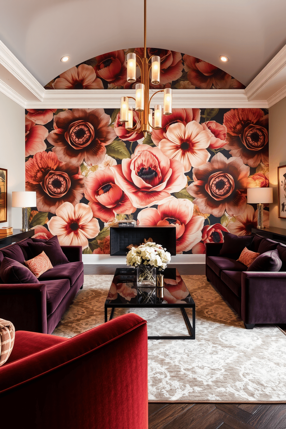 A luxurious family room featuring bold, oversized floral wallpaper that creates a stunning statement wall. The room is adorned with plush, velvet sofas in deep jewel tones, complemented by a sleek, modern coffee table at the center. Warm lighting fixtures hang elegantly from the ceiling, casting a cozy glow throughout the space. A large area rug anchors the seating area, while tasteful artwork adorns the walls, enhancing the room's sophisticated atmosphere.