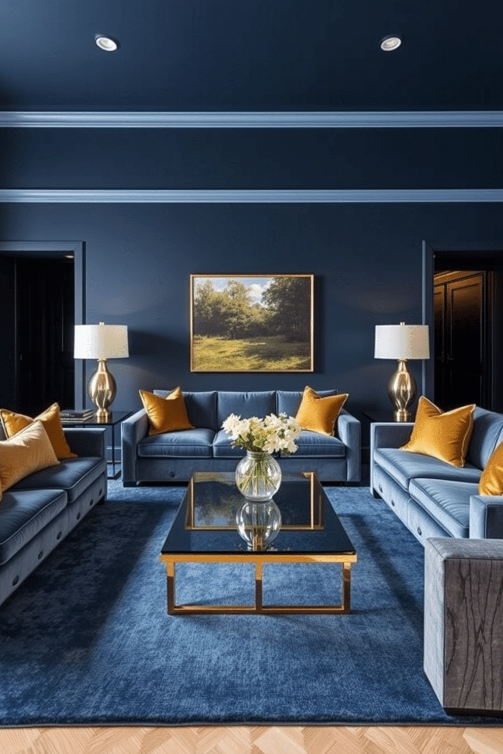 A luxury family room adorned with a sophisticated color palette of deep blues. The walls are painted in a rich navy hue, complemented by plush velvet sofas and gold accent pillows that add a touch of elegance. A large area rug in a lighter blue tone anchors the seating area, while a sleek coffee table with a glass top and brass legs sits in the center. Soft lighting from stylish floor lamps creates a warm and inviting atmosphere, perfect for family gatherings.