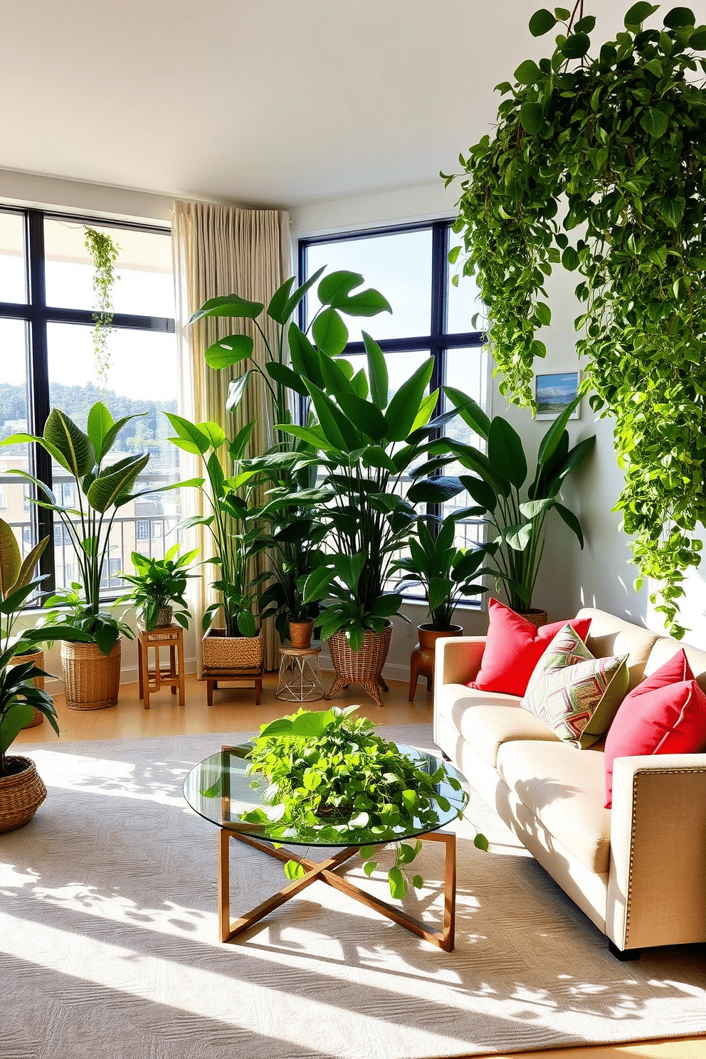 A vibrant family room filled with lush indoor plants, creating a fresh and lively atmosphere. The space features a large sectional sofa in a soft fabric, complemented by colorful throw pillows and a stylish coffee table adorned with greenery. The room is illuminated by natural light streaming through large windows, showcasing a beautiful view of the outdoors. A mix of decorative plants, including tall fiddle leaf figs and cascading pothos, adds a touch of nature and warmth to the elegant decor.