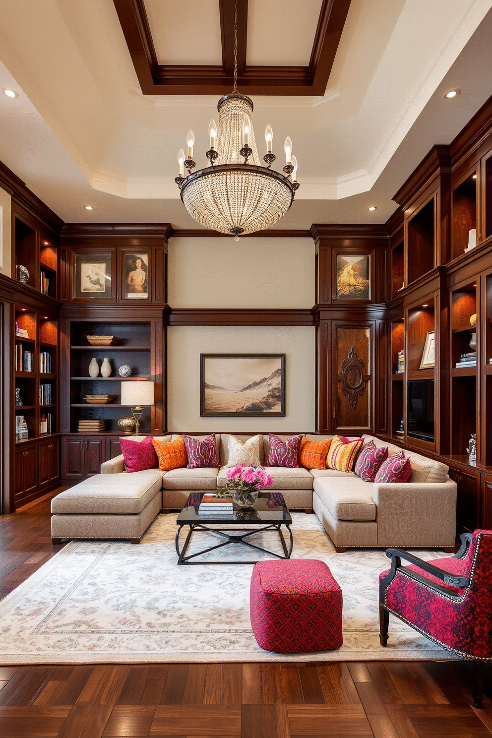 A luxurious family room featuring custom built-ins that seamlessly integrate with the overall design. The built-ins are crafted from rich, dark wood and include shelves for books and decor, as well as hidden compartments for storage. The seating area is anchored by a plush sectional sofa adorned with colorful throw pillows. A large area rug anchors the space, while a statement chandelier hangs above, creating a warm and inviting atmosphere.