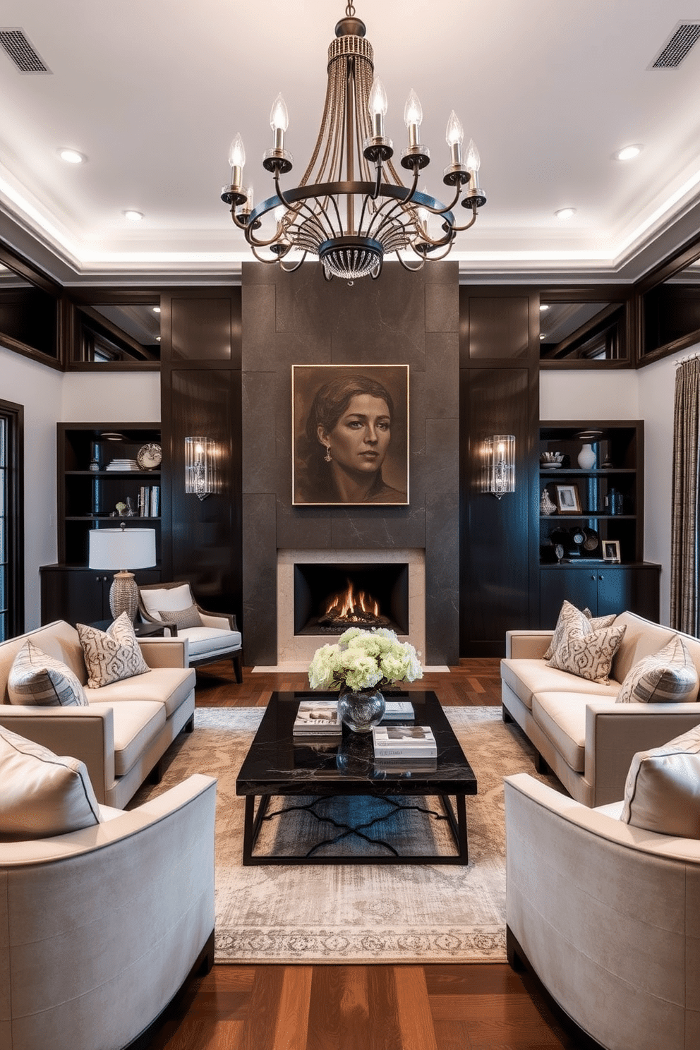 A luxury family room featuring layered lighting that combines elegant chandeliers and stylish sconces. The room is adorned with plush sofas in rich fabrics, complemented by a statement coffee table and an inviting fireplace as the focal point.