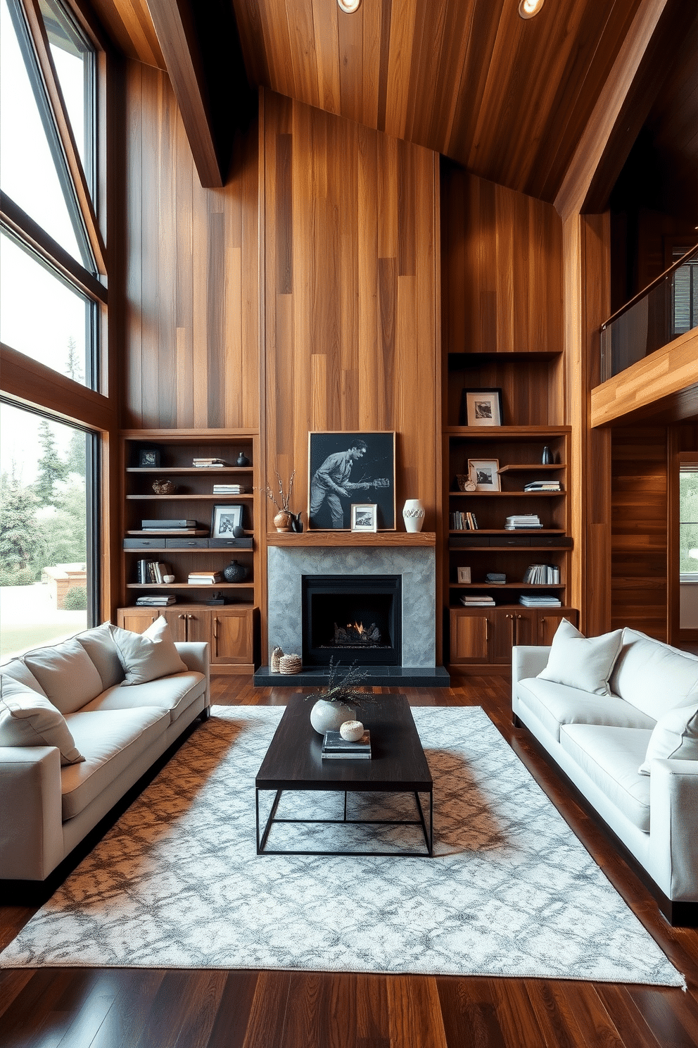 Rich wood paneling lines the walls of the family room, creating a warm and inviting atmosphere. Plush, oversized sofas in soft neutral tones are arranged around a modern coffee table, complemented by a stylish area rug that adds texture. A statement fireplace serves as the focal point, surrounded by built-in shelves displaying curated decor and books. Large windows allow natural light to flood the space, enhancing the cozy ambiance while offering views of the lush outdoor landscape.