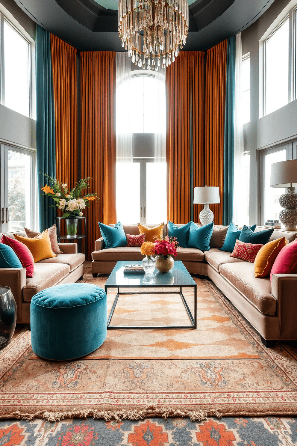 A luxurious family room featuring bold color pops in cushions and decor. The space is anchored by a plush sectional sofa adorned with vibrant throw pillows in shades of teal, mustard, and coral. A sleek coffee table sits in the center, surrounded by a mix of patterned area rugs that add depth. Large windows allow natural light to flood the room, highlighting the rich textures of the velvet curtains and decorative accents.