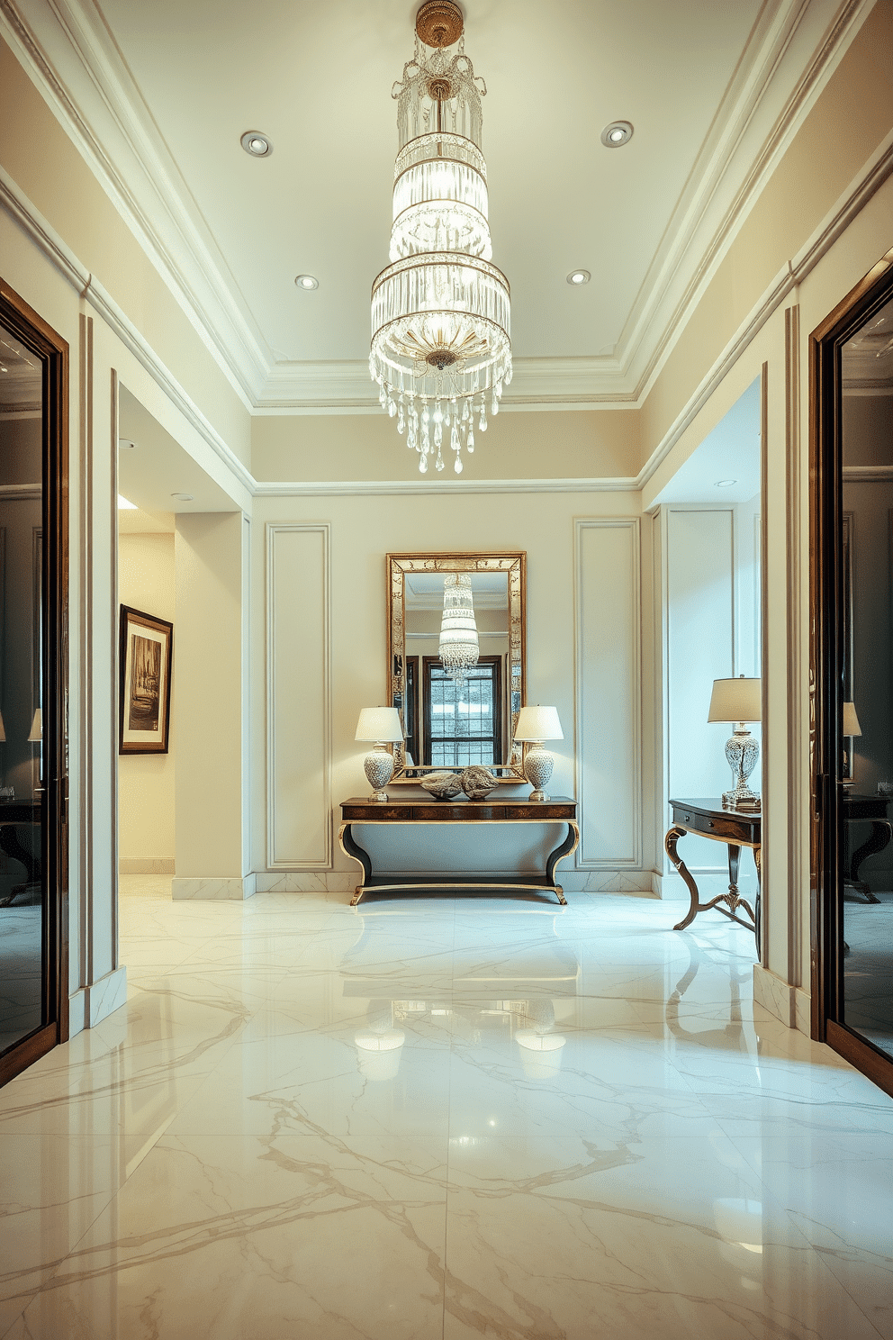 An elegant foyer features a stunning chandelier that cascades from the ceiling, illuminating the space with a warm glow. The marble flooring reflects the light, enhancing the grandeur of the entrance with intricate veining and a polished finish. The walls are adorned with tasteful artwork and a console table sits against one side, topped with decorative accents. A large mirror is positioned above the table, creating a sense of depth and sophistication in the design.