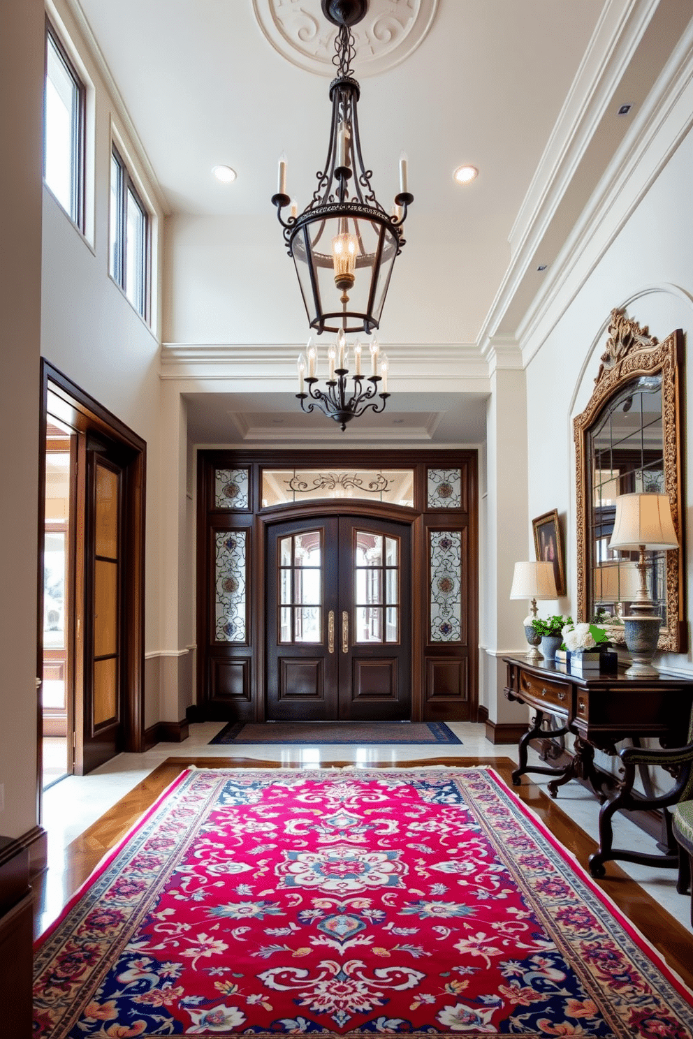 A luxurious foyer features a richly patterned area rug as the centerpiece, drawing attention to the intricate designs and vibrant colors that complement the surrounding decor. Elegant lighting fixtures hang from the ceiling, illuminating the space and highlighting the exquisite details of the foyer’s architecture.