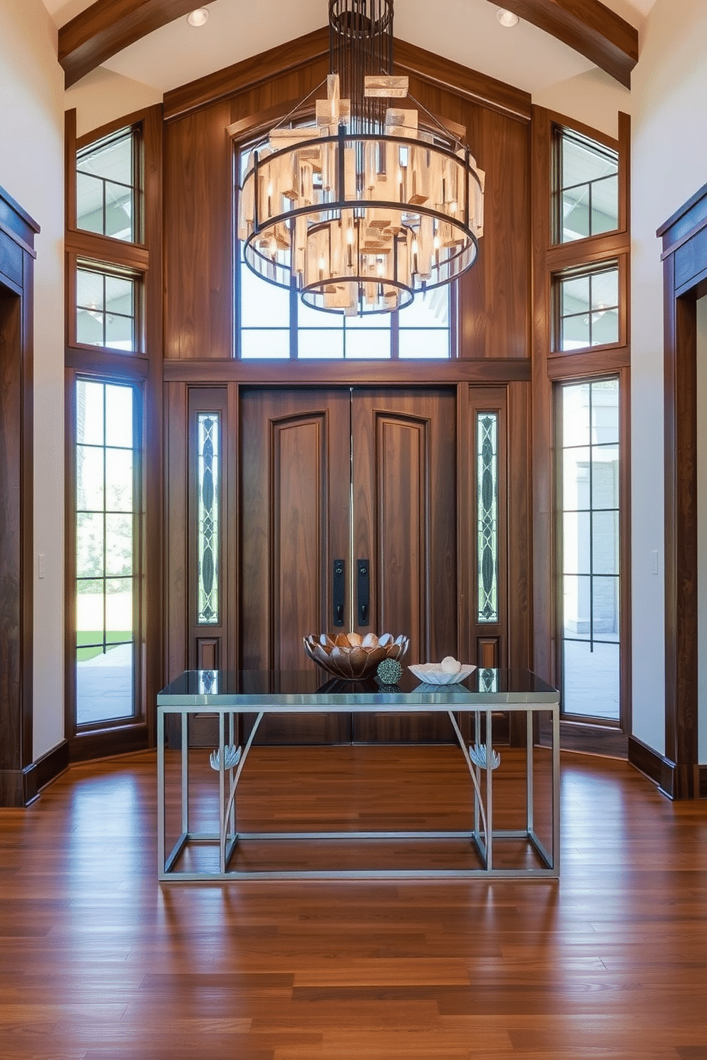 A luxurious foyer featuring a stunning combination of wood, metal, and glass elements. The entrance is highlighted by a grand wooden door with intricate metal detailing, flanked by tall glass sidelights that invite natural light into the space. The flooring is a rich hardwood, complemented by a sleek metal console table adorned with decorative glass accents. A large, modern chandelier made of mixed materials hangs from the ceiling, casting a warm glow over the foyer and enhancing its sophisticated ambiance.