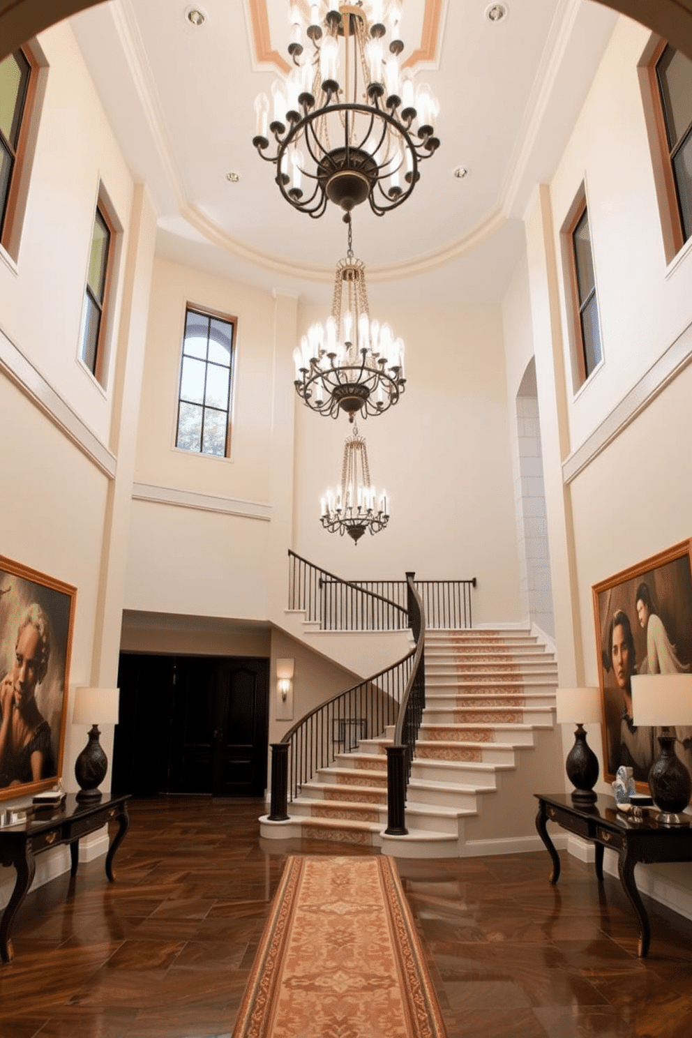 High ceilings adorned with dramatic chandeliers create an inviting atmosphere in the foyer. The space features a grand staircase with an elegant runner, flanked by stylish console tables and oversized artwork that enhances the opulence.