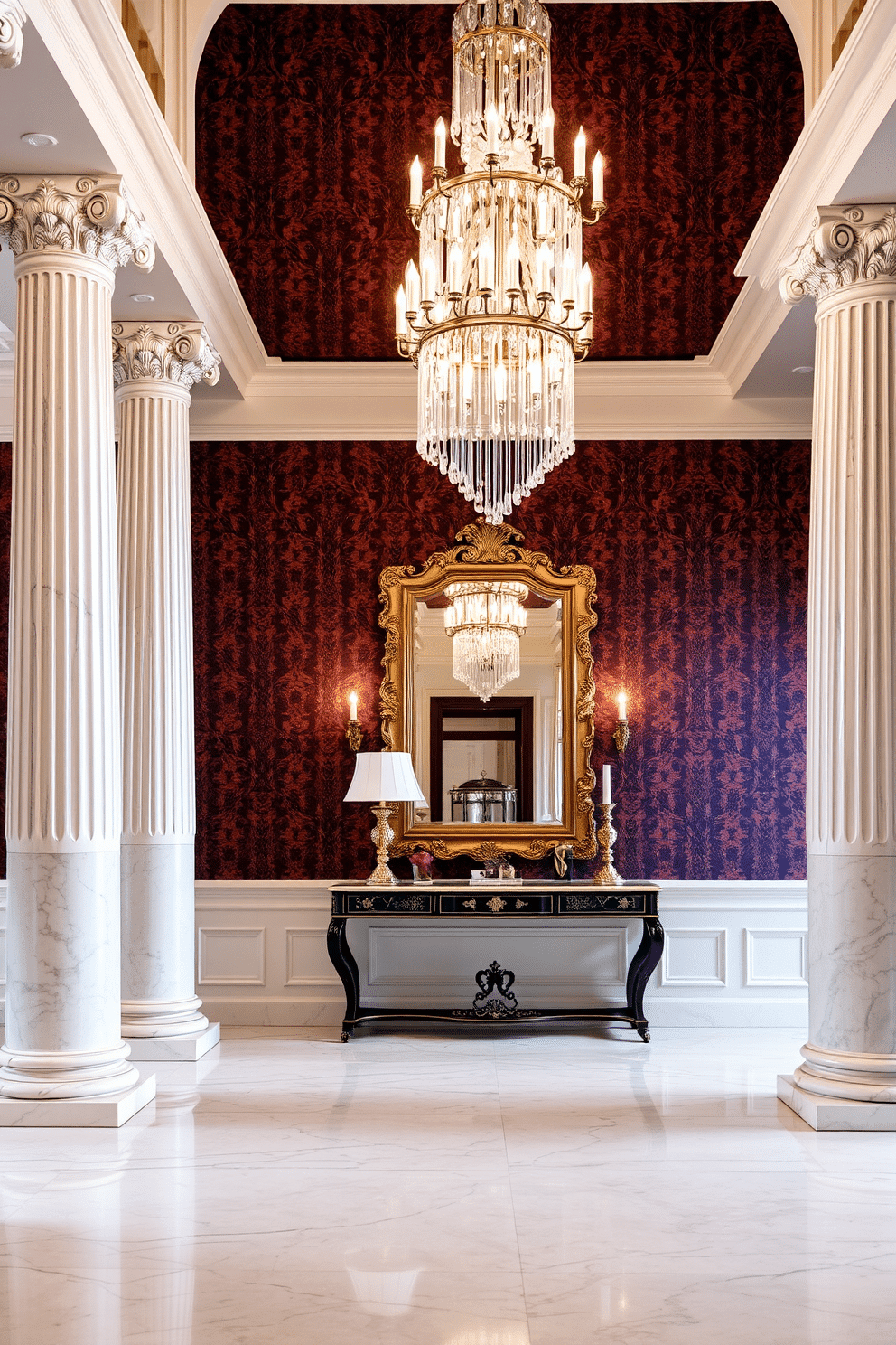 Classic columns frame the grand entrance, creating an elegant first impression. The foyer features a stunning chandelier that cascades light over a polished marble floor, enhancing the luxurious ambiance. Richly textured wallpaper in deep hues adorns the walls, complemented by a statement console table adorned with decorative accents. A large mirror with an ornate frame reflects the light and space, adding depth to the design.