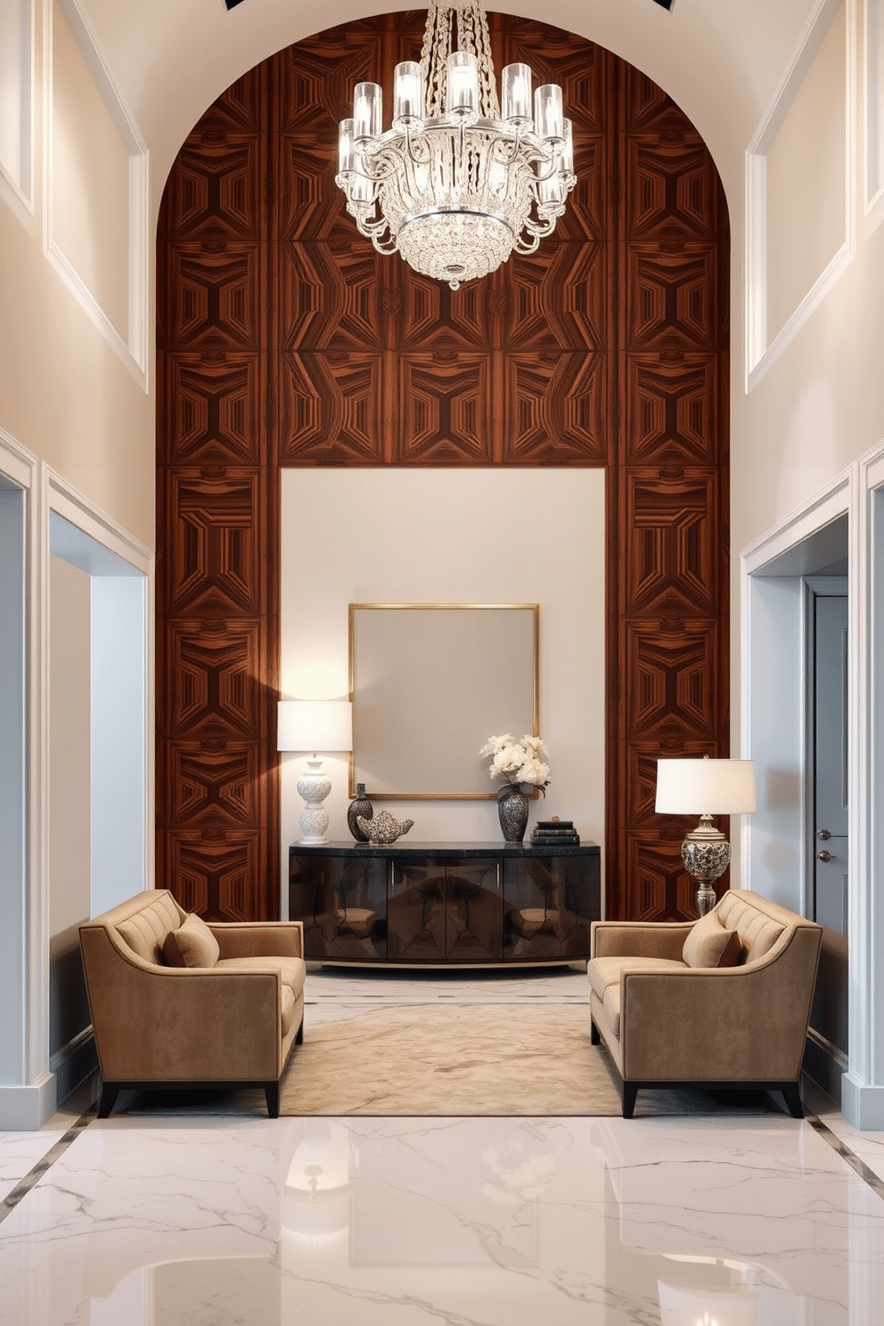 Artistic wall paneling creates a striking focal point in the foyer, featuring intricate geometric patterns in rich wood tones. The entryway is illuminated by a stunning chandelier, casting a warm glow over the elegant marble flooring. Luxury foyer design ideas incorporate plush seating arrangements, inviting guests to linger and admire the surroundings. A statement console table adorned with curated decor pieces adds sophistication and charm to the space.