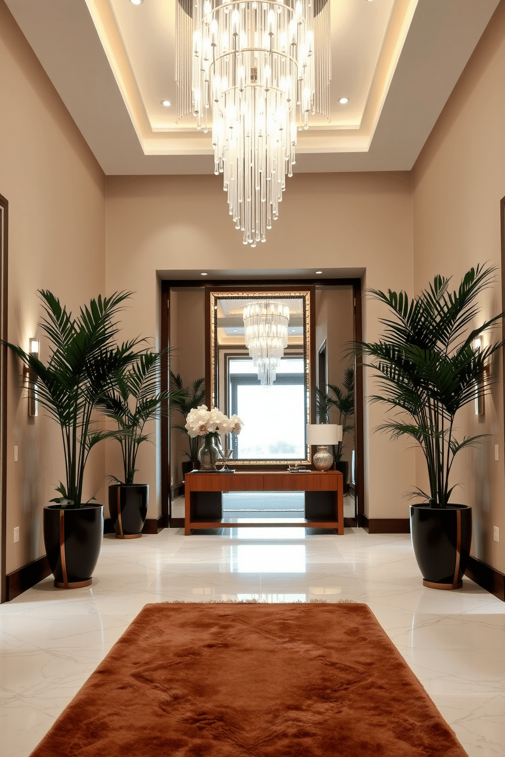 A luxury foyer featuring a grand entrance with high ceilings and a stunning chandelier that cascades light down onto the marble floor. Flanking the entrance are tall indoor plants in elegant pots, adding a fresh touch and a vibrant contrast to the neutral color palette of the walls. The foyer is adorned with a statement console table made of rich wood, topped with decorative items and a large mirror that reflects the space. Soft, ambient lighting creates a welcoming atmosphere, while a plush area rug defines the space and adds warmth underfoot.