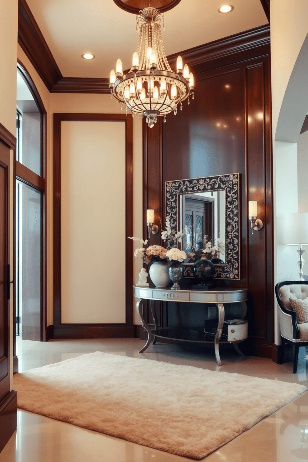 A luxury foyer adorned with a warm color palette, featuring rich wooden accents and soft beige walls. A grand chandelier hangs from the ceiling, illuminating the space and highlighting the elegant console table adorned with decorative vases and fresh flowers. The floor is covered in a plush area rug that complements the warm tones, while a large mirror with a decorative frame reflects the inviting ambiance. Stylish seating is arranged to the side, creating a cozy nook for guests to relax as they enter the home.