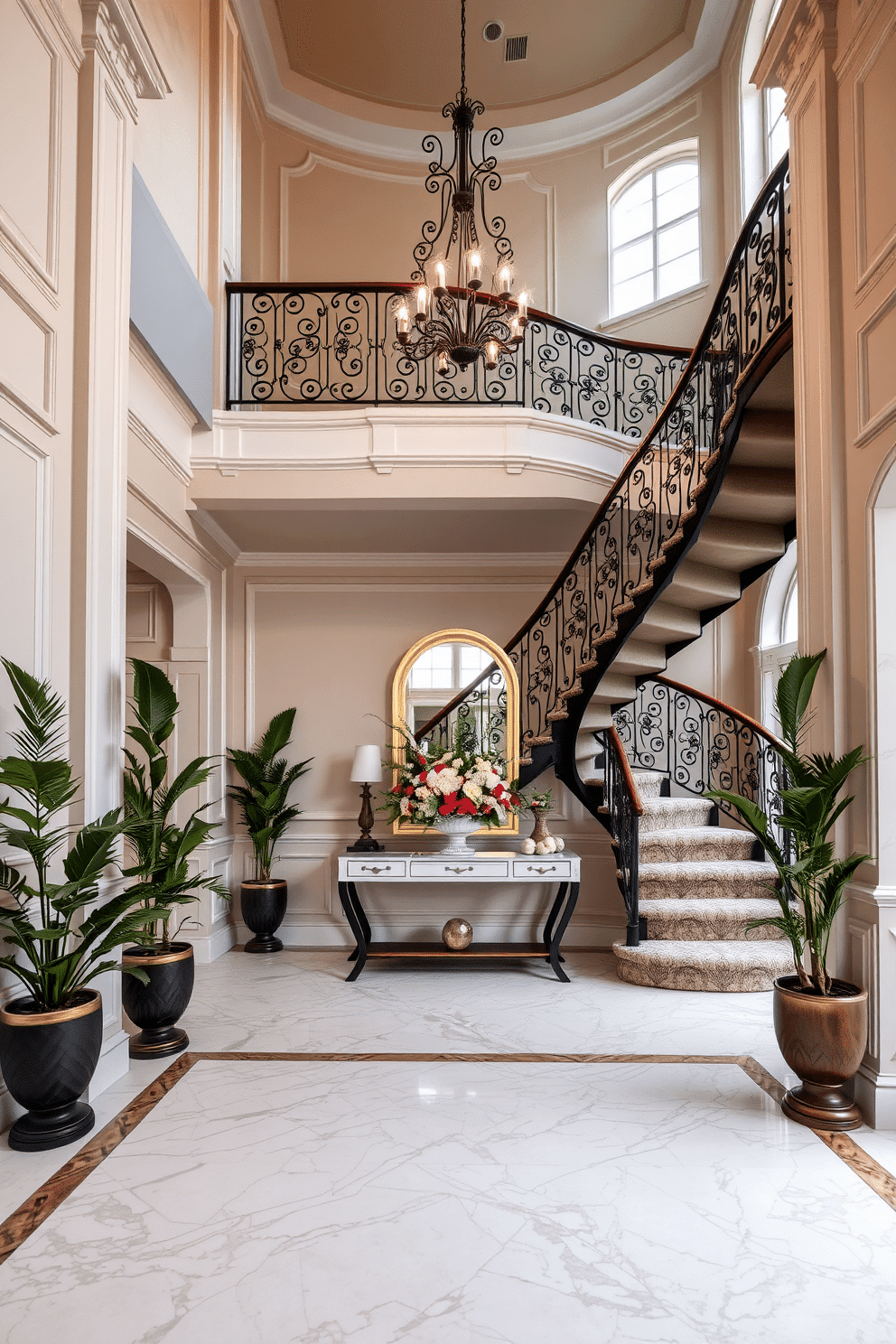 A grand staircase with an ornate wrought-iron railing spirals elegantly upwards, complemented by a plush runner that adds warmth to the space. The walls are adorned with intricate moldings, and a stunning chandelier hangs from the ceiling, casting a soft glow over the foyer below. The luxury foyer features marble flooring with a geometric pattern, creating a striking first impression. Tall potted plants flank the entrance, while a statement console table holds a beautiful floral arrangement and a large mirror, enhancing the sense of space and light.