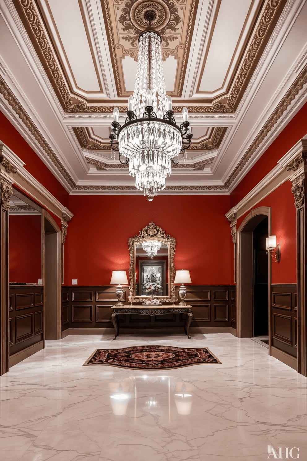 A grand foyer featuring intricate decorative molding on both the walls and ceilings, creating an elegant and inviting atmosphere. The space is adorned with a stunning chandelier that cascades light over a polished marble floor, enhancing the luxurious feel of the entrance. Richly colored walls are complemented by ornate crown molding and wainscoting, adding depth and sophistication to the design. A stylish console table is placed against one wall, topped with decorative accents and a large mirror that reflects the beauty of the space.