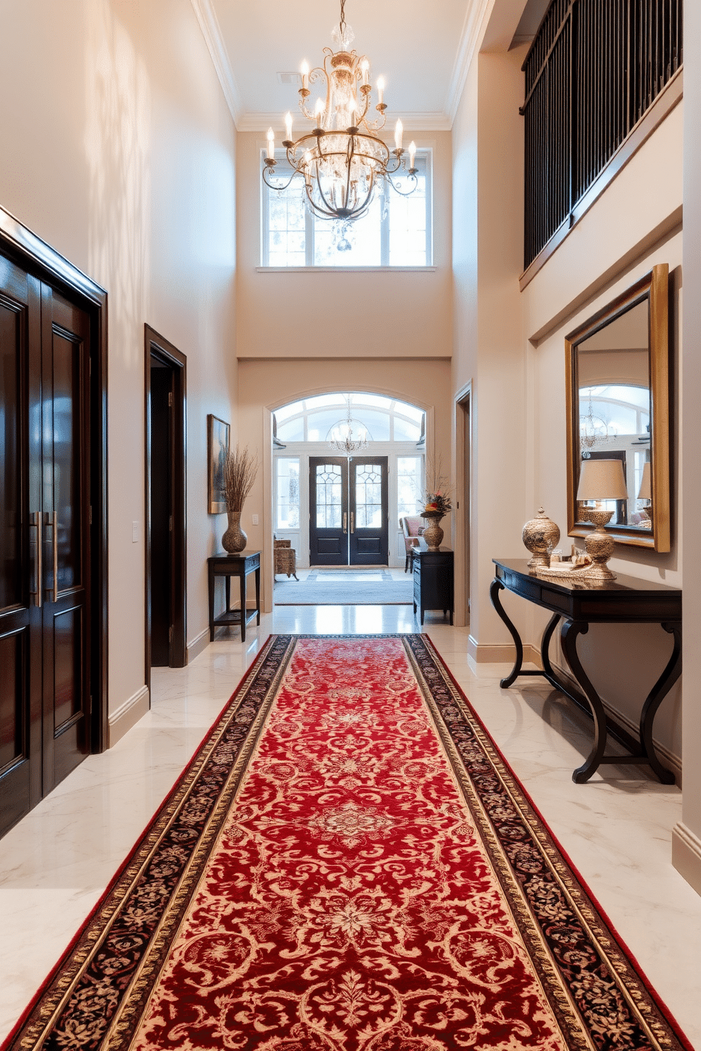 A luxurious runner rug stretches elegantly along the hallway, featuring intricate patterns in rich, deep colors that complement the surrounding decor. The hallway is illuminated by soft, ambient lighting, highlighting the texture of the rug and creating a warm, inviting atmosphere. The foyer boasts a grand entrance with high ceilings and an elegant chandelier that draws the eye upward. A stylish console table adorned with decorative accents sits against the wall, while a large mirror reflects the beauty of the space, enhancing the sense of openness.