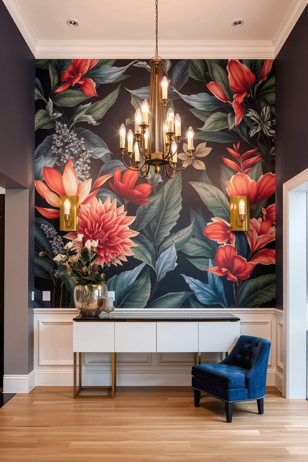 A striking custom wallpaper mural adorns the main wall of the foyer, featuring a vibrant botanical design that instantly captures attention. The mural is complemented by elegant lighting fixtures that cast a warm glow, enhancing the overall ambiance of the space. The foyer boasts a sophisticated design with a grand chandelier hanging from a high ceiling, creating a focal point above a sleek console table. Rich textures and a carefully curated color palette of deep blues and golds add a touch of luxury, inviting guests into the home.