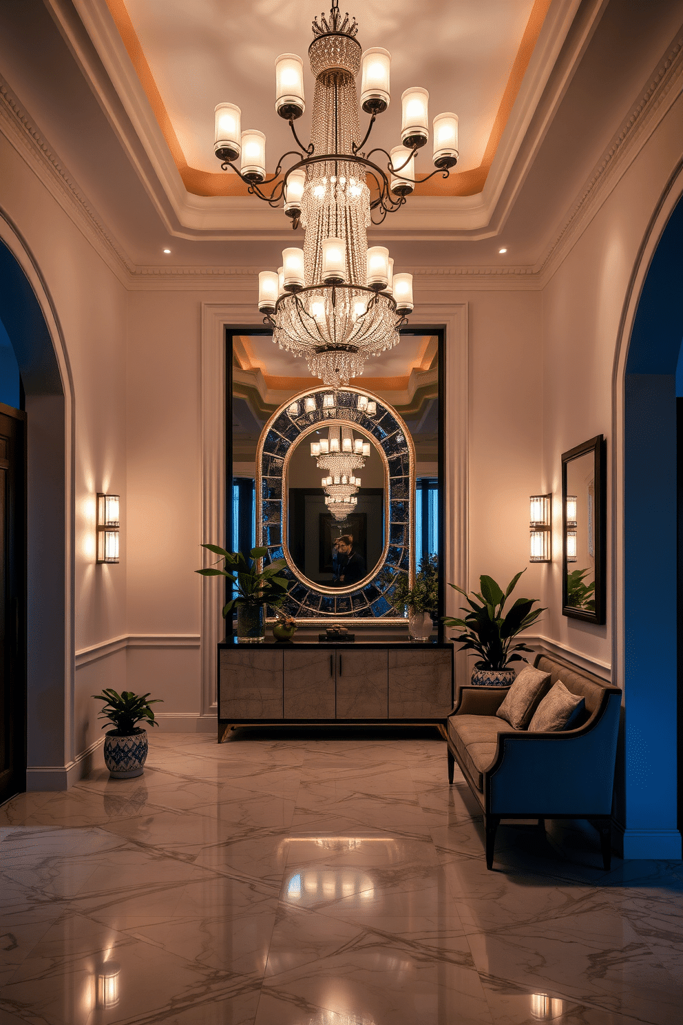 A stunning foyer welcomes guests with a blend of ambient and task lighting, creating an inviting atmosphere. The space features a grand chandelier overhead, complemented by wall sconces that provide soft illumination along the walls. The flooring is adorned with intricate marble tiles, leading to a statement console table that showcases a large, decorative mirror. Potted plants and a stylish bench add warmth and functionality, enhancing the luxurious feel of the entryway.