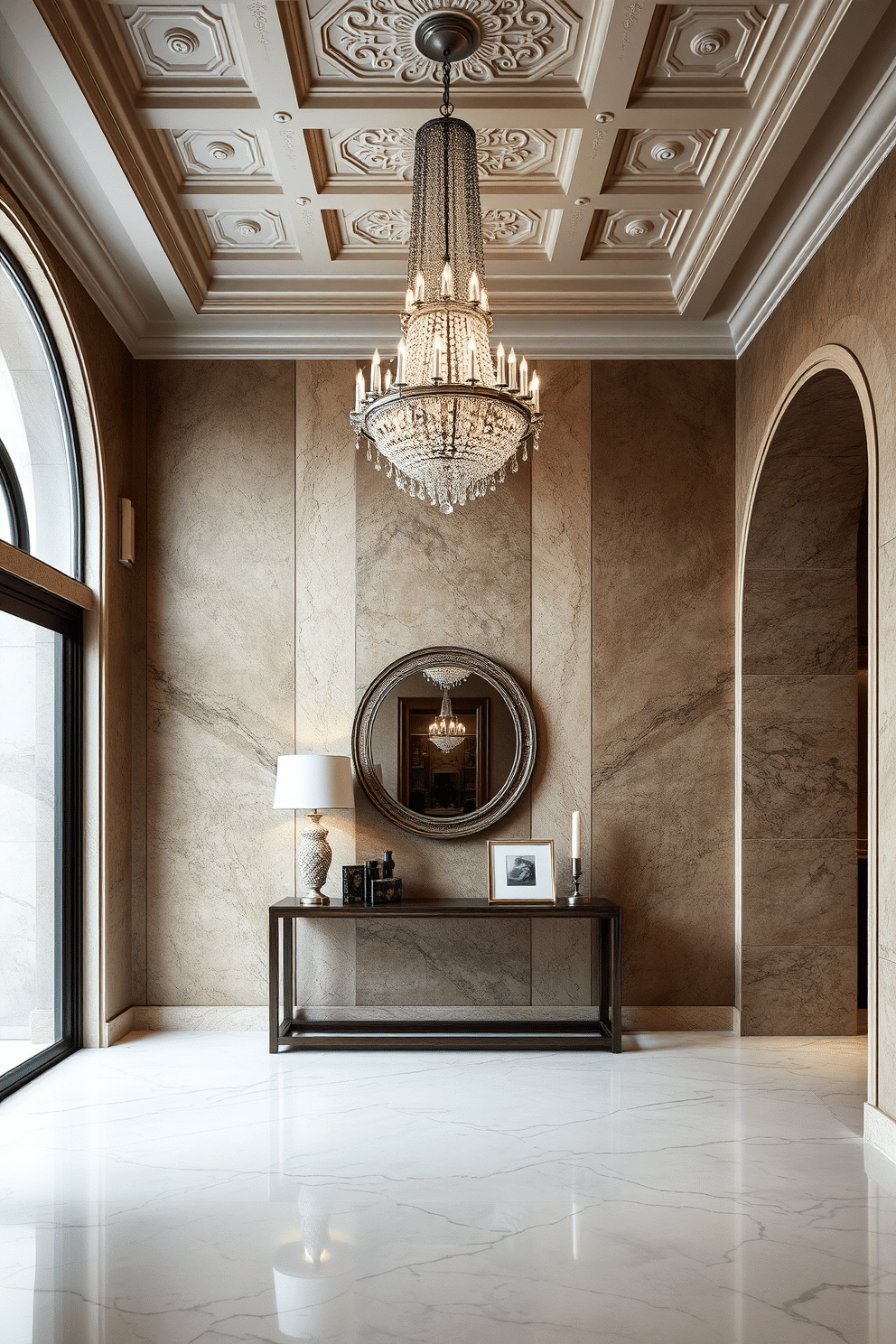 A luxurious foyer featuring textured wall finishes that add depth and character to the space. The walls are adorned with a mix of natural stone and intricate plaster designs, creating a stunning backdrop for elegant decor. A grand chandelier hangs from a coffered ceiling, casting a warm glow over the polished marble floor. A sleek console table is positioned against the wall, topped with decorative art pieces and a stylish mirror that enhances the foyer's sophistication.