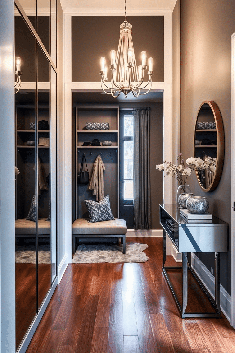 A stylish coat closet features sleek mirrored doors that create an illusion of space and reflect light beautifully. Inside, custom shelving and hooks provide ample storage for coats, hats, and accessories, while a chic bench offers a convenient spot for putting on shoes. The luxury foyer design welcomes guests with an elegant chandelier hanging from a high ceiling, casting a warm glow throughout the space. Rich hardwood flooring complements the sophisticated color palette of soft grays and deep blues, while a statement console table adorned with decorative accents adds a touch of personality.