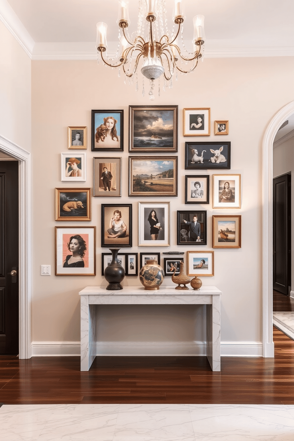 A personalized artwork gallery wall featuring a mix of framed paintings, photographs, and unique pieces that reflect the homeowner's personality. The wall is painted in a soft, neutral color to enhance the vibrancy of the artwork, with carefully arranged lighting to highlight each piece. The luxury foyer design incorporates a grand entrance with high ceilings and an elegant chandelier that serves as a focal point. Rich hardwood flooring complements the marble accents, while a statement console table adorned with decorative objects welcomes guests into the home.