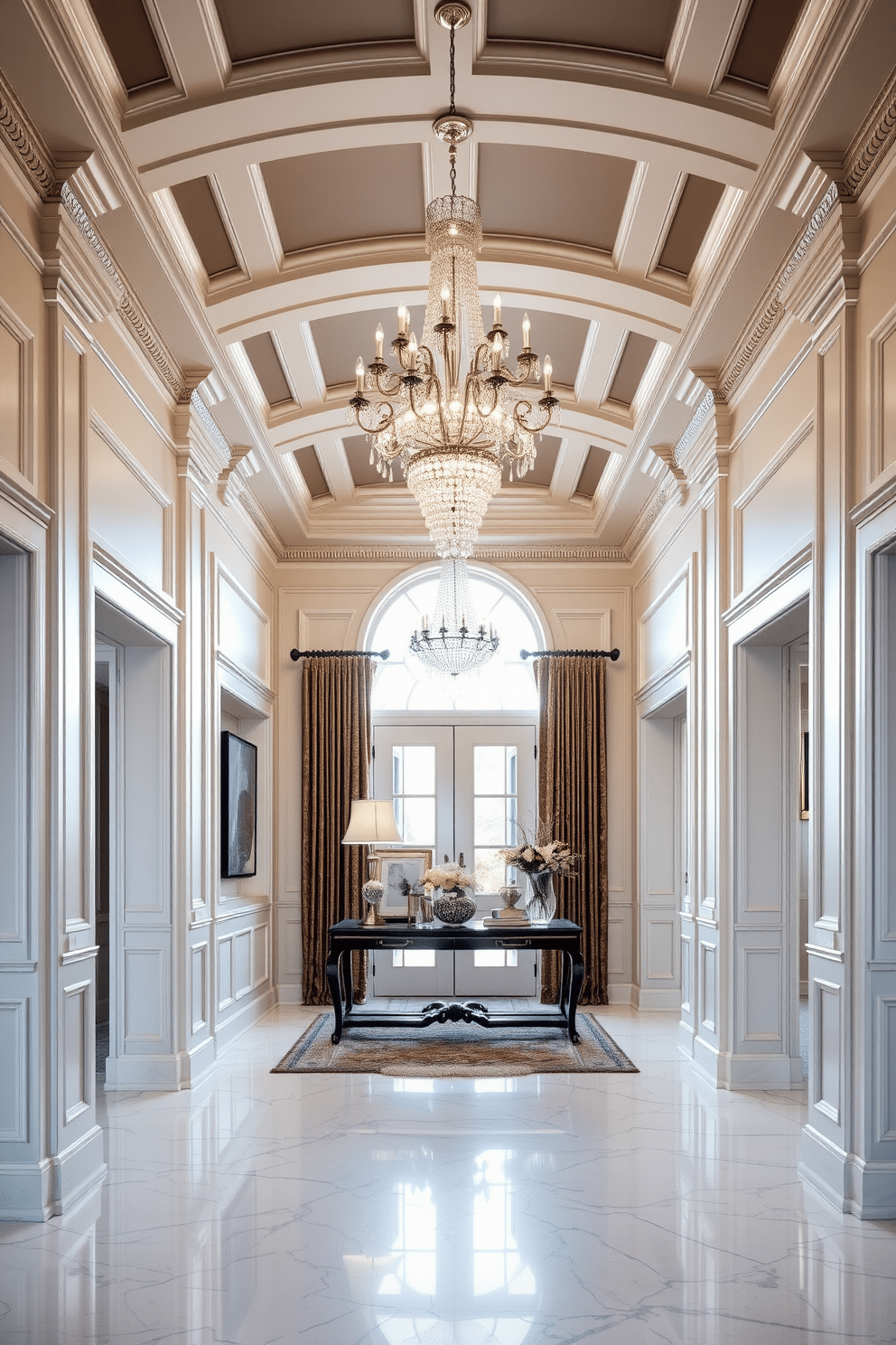 A luxurious foyer featuring grand crown molding that adds an air of sophistication. The space is adorned with a stunning chandelier that cascades light over a marble floor, creating a welcoming atmosphere. Elegant wall paneling complements the crown molding, enhancing the overall richness of the design. A plush area rug defines the entryway, while a stylish console table showcases curated decor and fresh flowers.