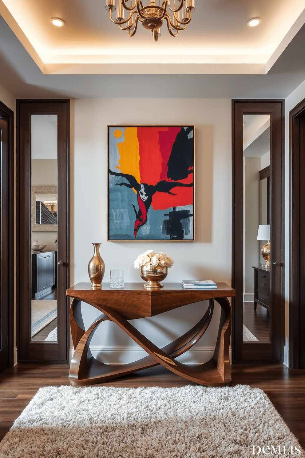 A sculptural console table stands elegantly in the foyer, crafted from a blend of rich woods and polished metals. Above it, a striking piece of contemporary artwork captures attention, featuring bold colors that complement the sophisticated ambiance. The foyer is adorned with soft, ambient lighting that highlights the textures of the console and the artwork. Luxurious accents such as a plush area rug and decorative mirrors enhance the space, creating an inviting and opulent entrance to the home.