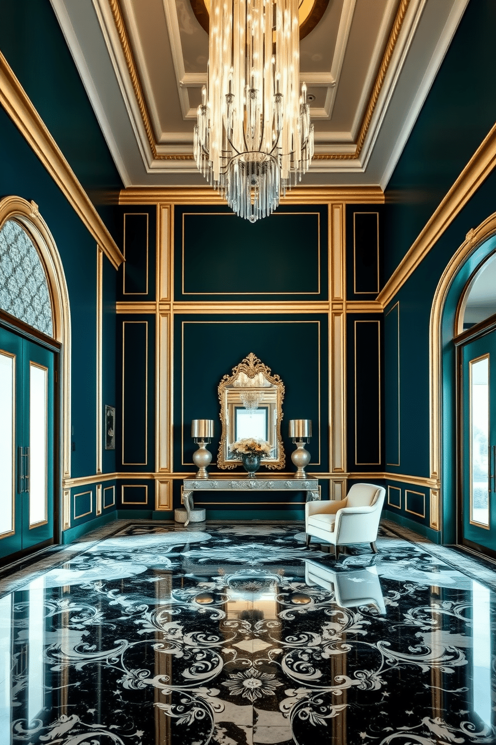 A luxurious foyer featuring a grand entrance with a high ceiling and an elegant chandelier that cascades light over the space. The walls are adorned with rich, deep colors like navy blue and emerald green, complemented by gold accents in the trim and decor. A stunning marble floor with intricate patterns sets the stage for a statement piece, such as a large console table topped with a decorative mirror. Plush seating in a contrasting color, like soft cream or taupe, invites guests to linger in this dramatic and inviting space.