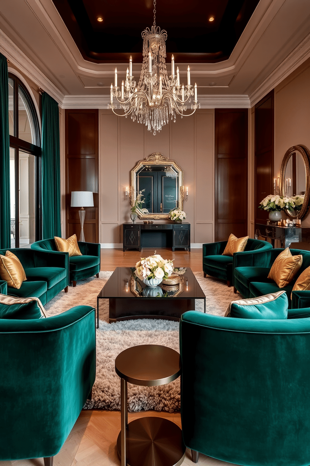 A luxurious seating area featuring plush velvet sofas in deep emerald green, accented with gold and brass decorative pillows. A sleek glass coffee table sits in the center, surrounded by a soft, textured area rug that complements the rich color palette. The foyer design showcases an elegant entrance with a grand chandelier hanging from a high ceiling. A statement console table made of dark wood is adorned with a large mirror and fresh floral arrangements, creating a warm and inviting atmosphere.