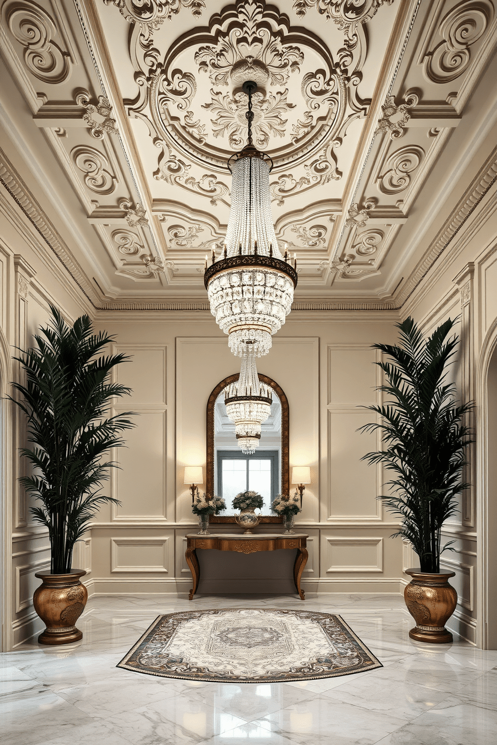 A grand foyer featuring intricate ceiling molding with ornate details, showcasing a stunning chandelier that cascades downwards. The walls are adorned with elegant wainscoting, painted in a soft cream hue, while a plush area rug adds warmth to the polished marble floor. A statement console table sits against one wall, topped with decorative accessories and a large mirror that reflects the opulence of the space. Flanking the entrance, tall potted plants bring a touch of nature indoors, enhancing the luxurious atmosphere.