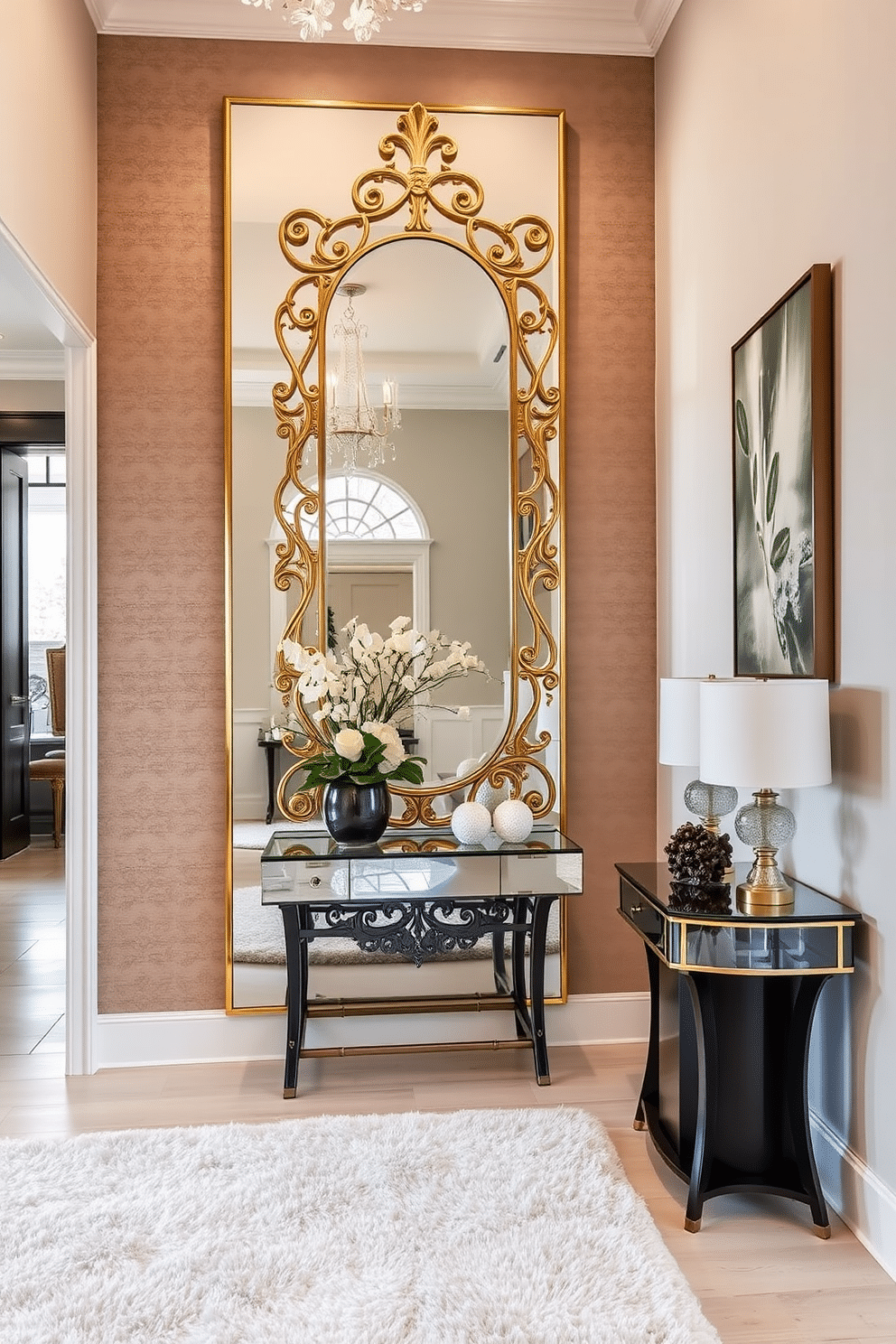 A stunning luxury foyer features a statement mirror with intricate gold accents, reflecting the elegance of the space. The walls are adorned with rich textures and a soft color palette, while a plush area rug invites guests into the home.