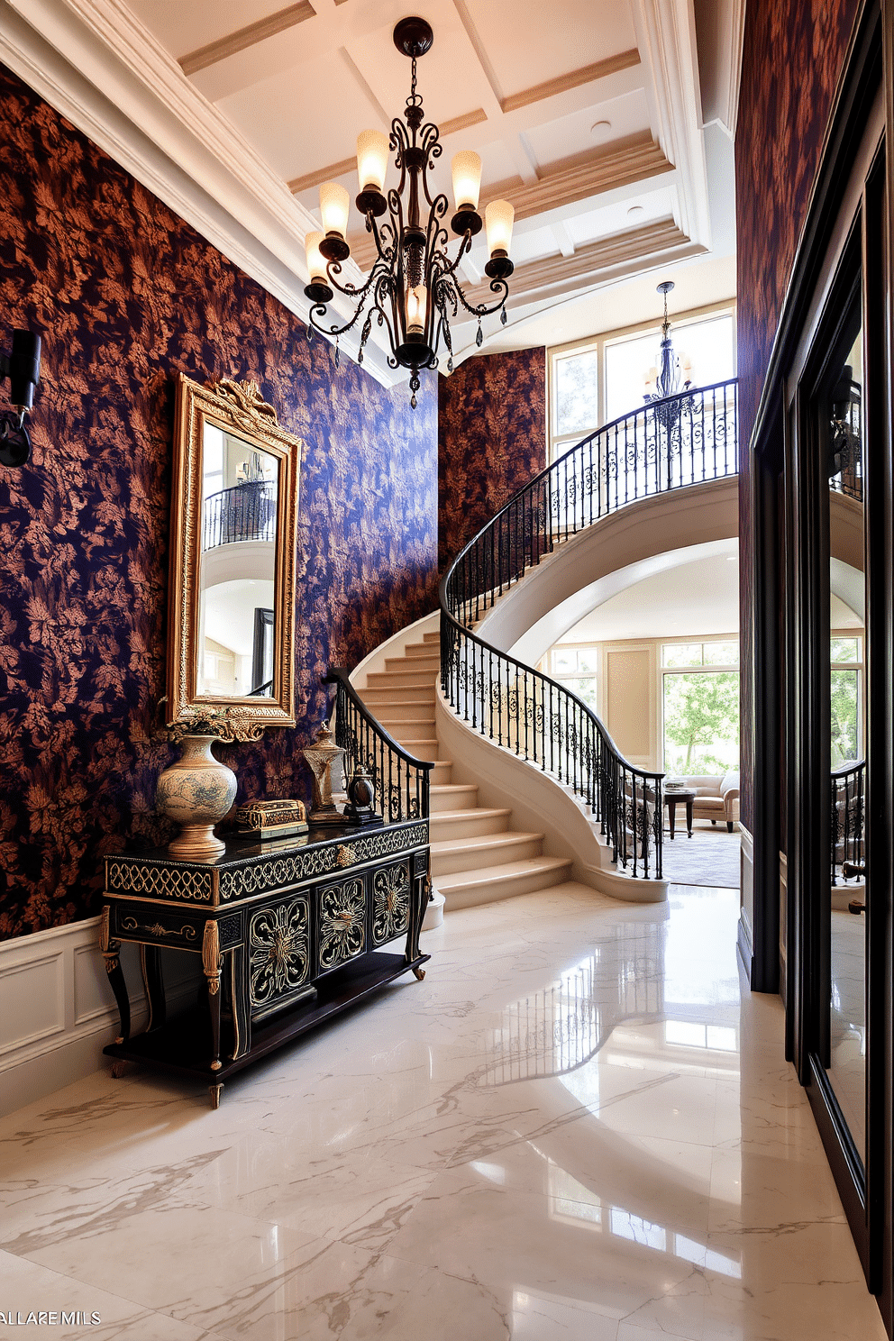 A luxurious foyer adorned with bold wallpaper featuring rich textures in deep hues. Elegant lighting fixtures hang from a coffered ceiling, casting a warm glow over the polished marble floor. A grand staircase with a wrought iron railing curves gracefully, leading to the upper level. A statement console table with intricate detailing sits against the wall, topped with decorative accents and a large mirror that enhances the space.